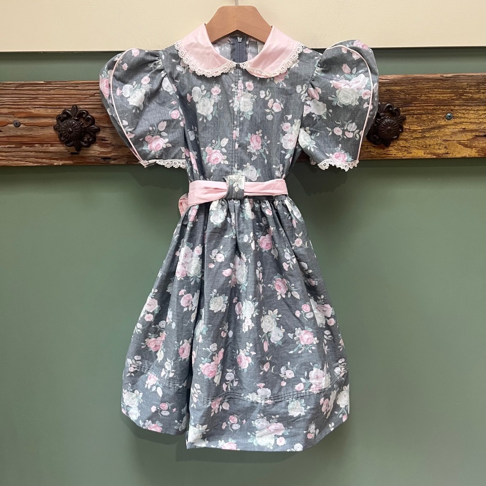 Ruth of Carolina Vintage Girls Floral Dress Grey Pink Lace Puff Sleeve Size 6